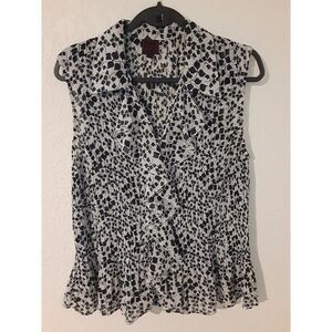 Color Works Women's Sleeveless Ruffled Button Up Blouse XXL Black White Stretch